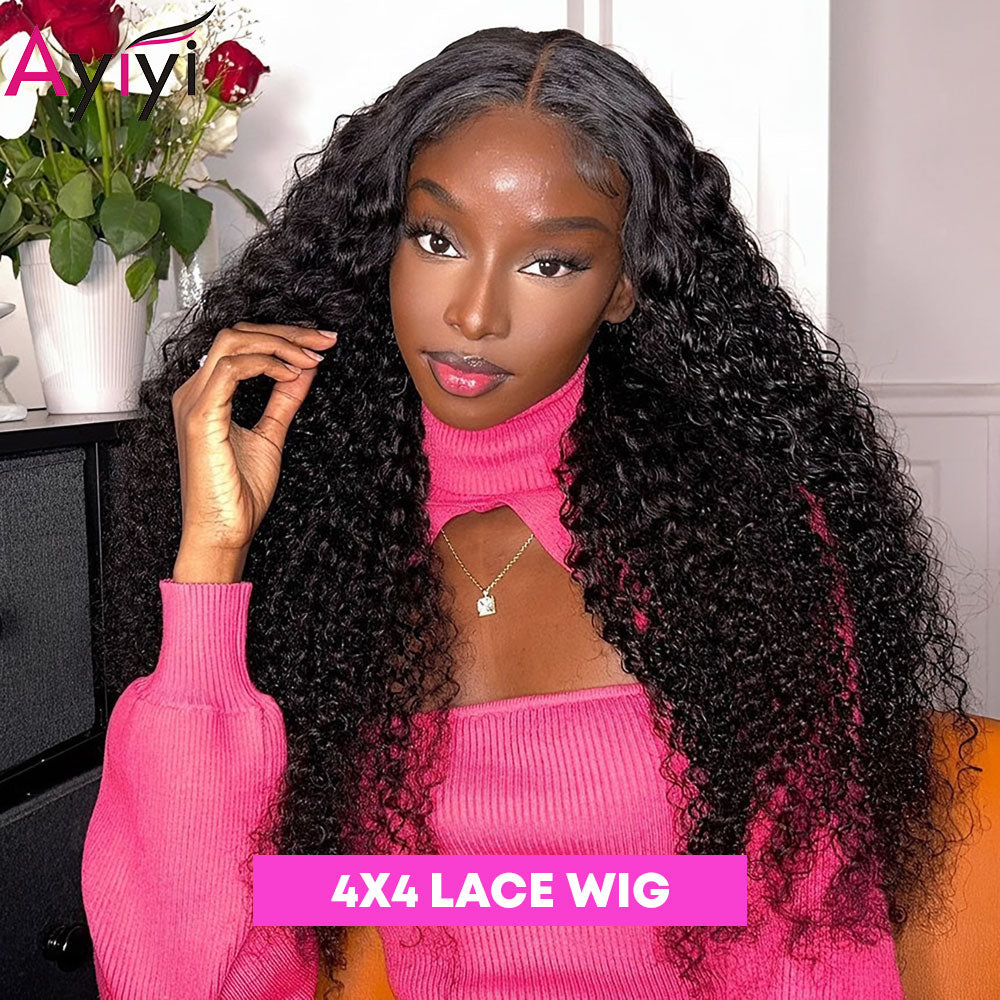 Jerry Curly Human Hair Wig Transparent Lace 4X4 Lace Closure Wigs For Women Pre Plucked Deep Kinky Curly Human Hair Wigs 180%