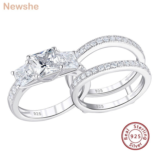 Newshe Three-Stone Princess Cut AAAAA CZ 925 Sterling Silver Engagement Rings Set for Women Adjustable Wedding Ring Enhancer