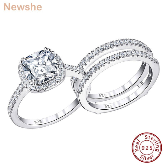 Newshe Solid 925 Sterling Silver Engagement Ring Set For Women Guard Wedding Band Halo Cushion Cut AAAAA CZ Minimalist Jewelry