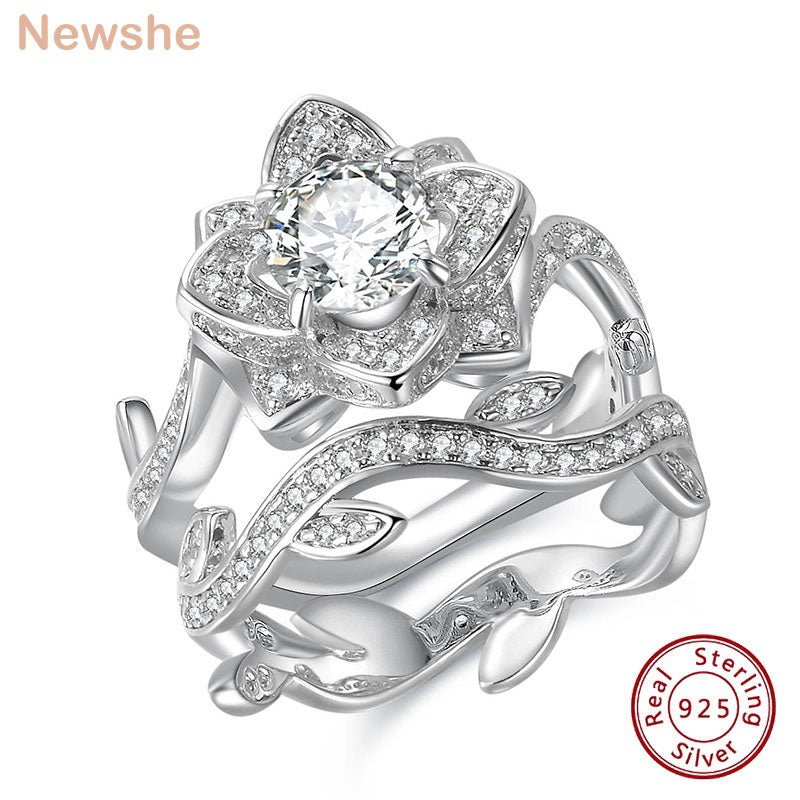 Newshe 2.3 Carats 925 Sterling Silver Wedding Ring Set Flower Shape Engagement Band Classic Jewelry For Women JR4580