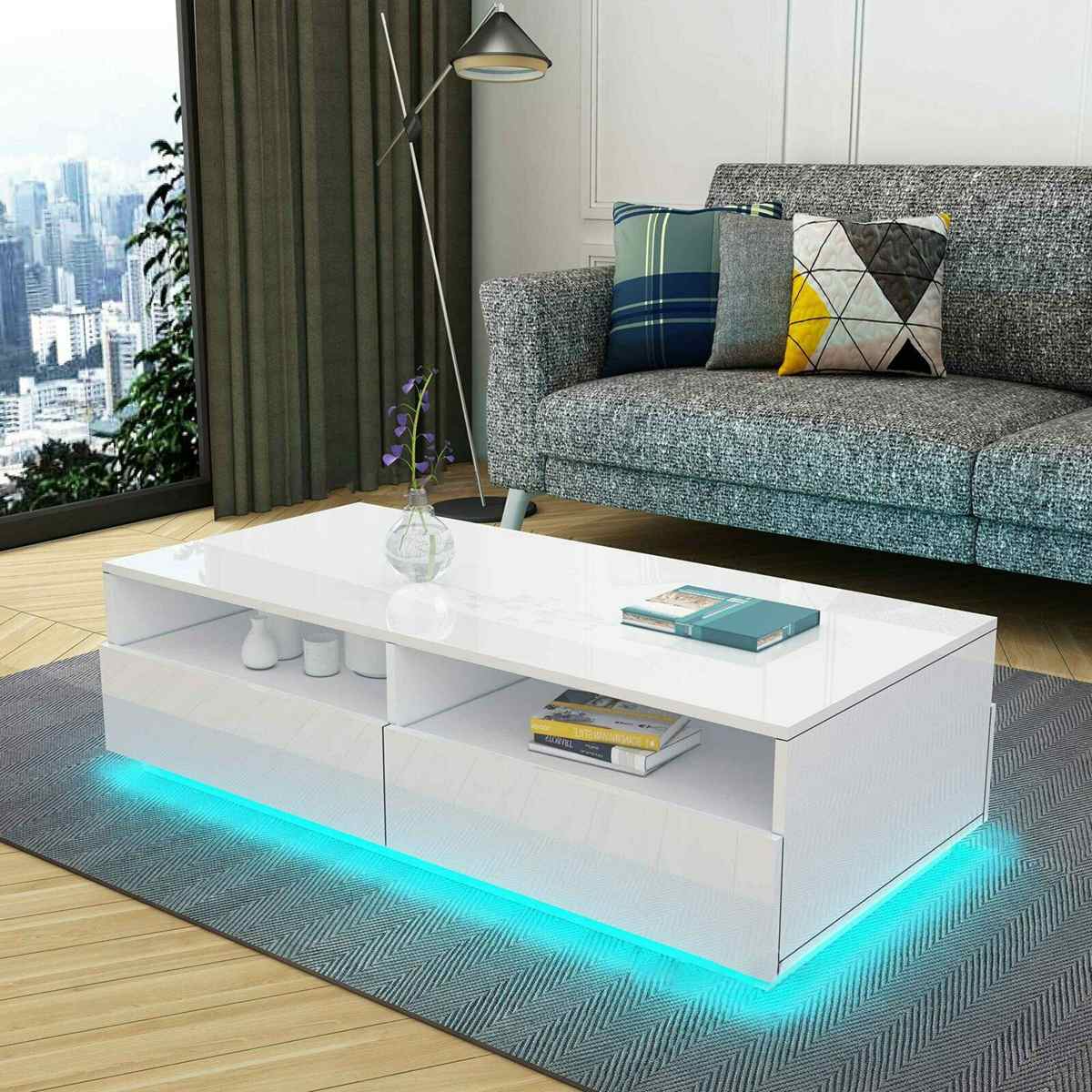 RGB LED Coffee Table High Gloss Simple Design Side Table for Living Room Furniture Tea Table Desks Home Storage Organzier