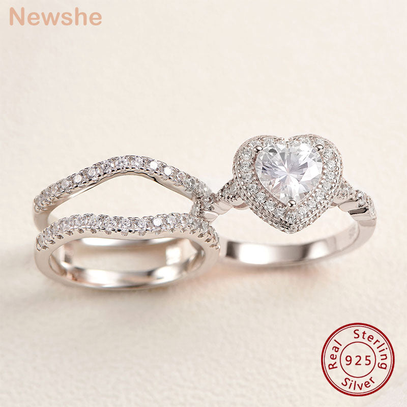 Newshe Genuine 925 Sterling Silver Heart Round Shape Jewelry Engagement Wedding Rings Set for Women AAAAA Cubic Zircon