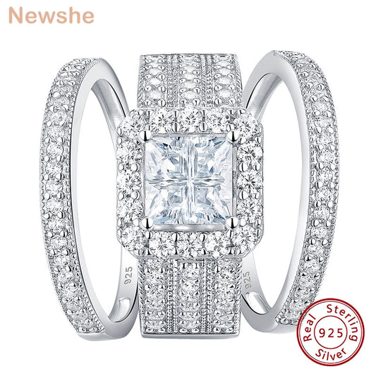 Newshe 3 Pieces Engagement Rings For Women Solid 925 Silver Wedding Jewelry Halo Perfect Princess Cut Symmetrical AAAAA Zircons