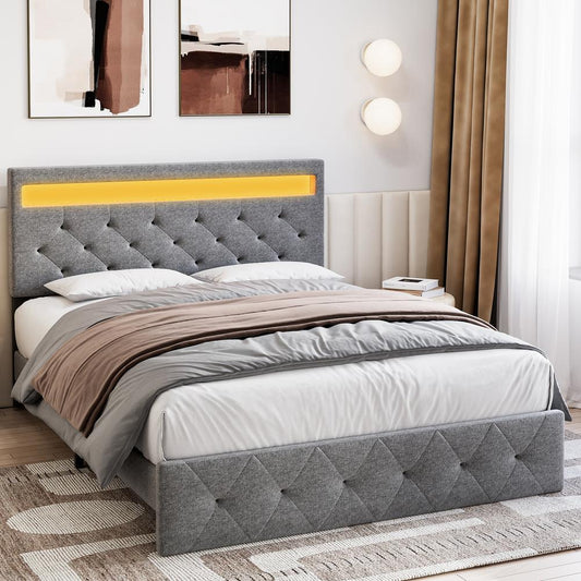 Full Bed Frame LED Lights Headboard Bed Frame with Fast-Charging USB Port Upholstered Platform Bed Frame No Box Spring Needed