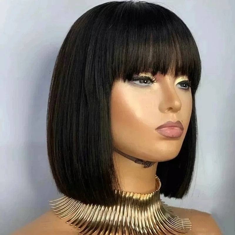 Straight Bob Wig with Bangs Bone Remy Human Hair Wigs for Women Brazilian Hair Straight Full Machine Made Wigs Bob Fringe Wig