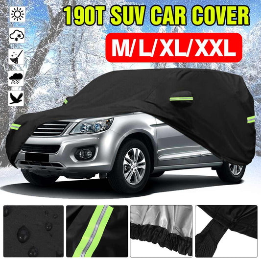 Full Car Cover 190T Waterproof Universal SUV Snow Cover Anti UV Sunshade Vehicle Dustproof Case Cover Black w/ Reflective Strip