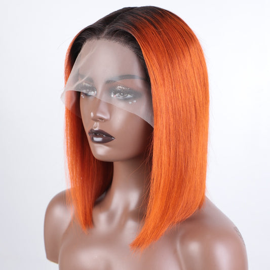 Sleek Straight Bob Human Hair Wigs For Women 13X6X1 Orange Colored Lace Front Wigs With Black Root Ombre Brazilian Hair Wigs