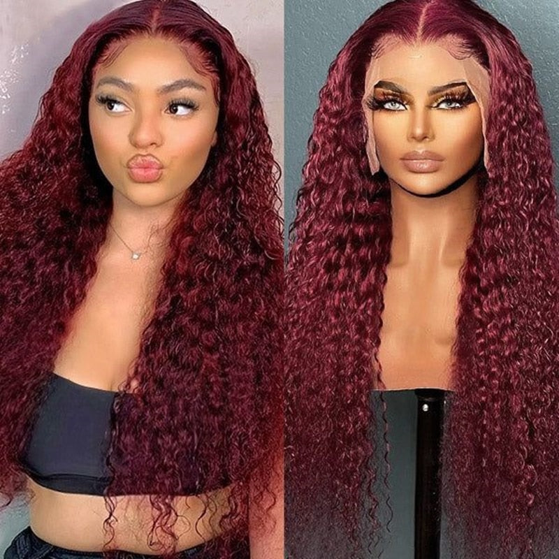 99J Burgundy Deep Wave 13x4 HD Transparent Lace Front Human Hair Wigs for Women Red Colored Water Curly Frontal Wig Pre Plucked