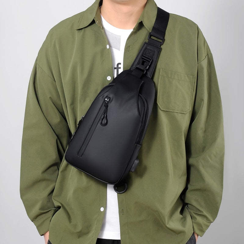 Men's Waterproof Fabric Anti-wrinkle Chest Bag Usb Fashion Simple Commuter Shoulder Bag Outdoor Large Capacity Crossbody Bag