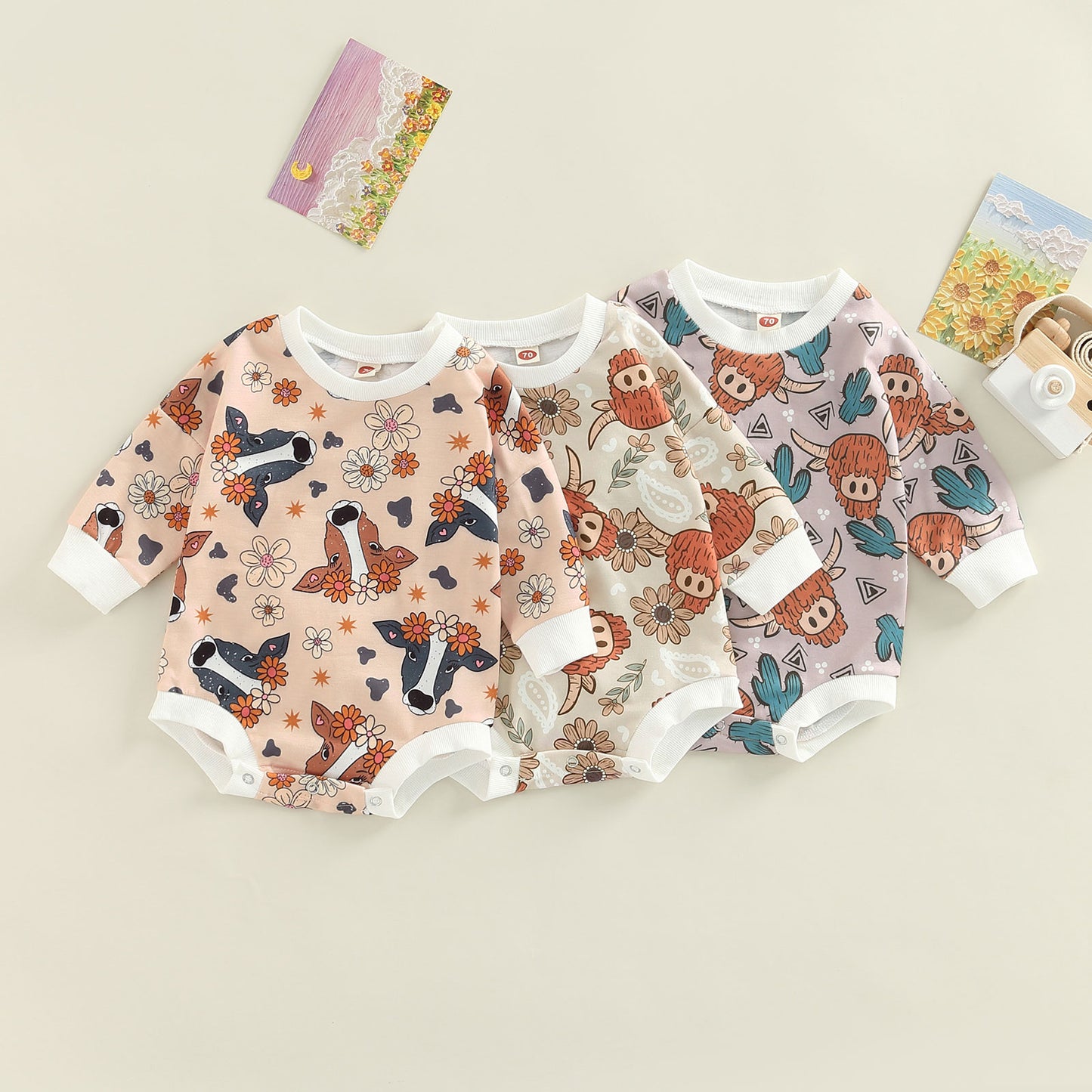 2022-07-22 Lioraitiin 0-24M Newborn Baby Girl Boy Autumn Bodysuit Long Sleeve Cartoon Cow Head Cactus/Floral Print Jumpsuit