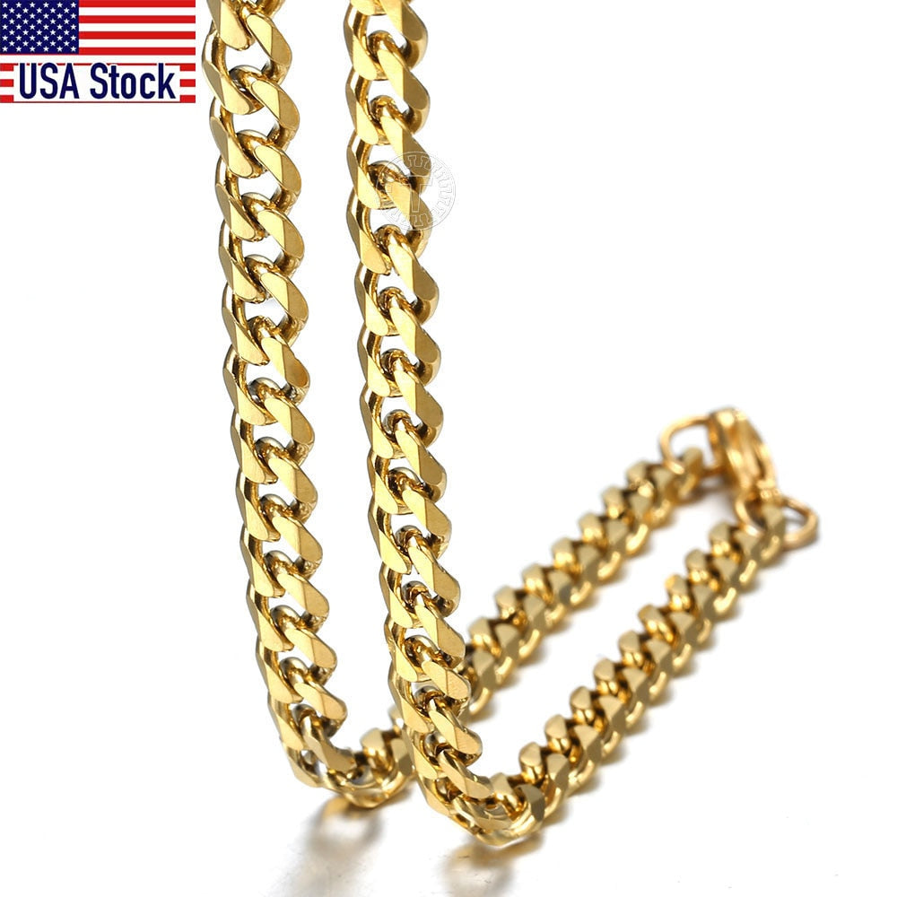 3mm/5mm/7mm Cuban Link Chain for Men Women Gold Color Stainless Steel Necklace Choker Basic Punk Jewelry 16inch-24inch