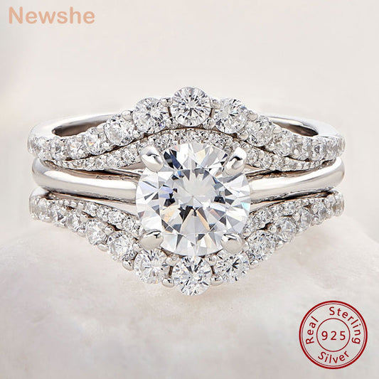 Newshe 2 Pcs 925 Sterling Silver Solitaire Engagement Rings Set With Adjustable Enhancer Wedding Band AAAAA Cubic Zircon