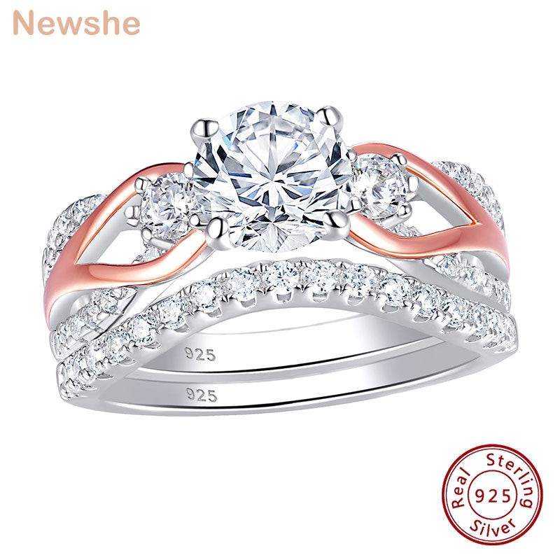 Newshe Romantic Bridal Set Wedding Engagement Rings For Women Solid 925 Sterling Silver Round Cut AAAAA Zircon Jewelry