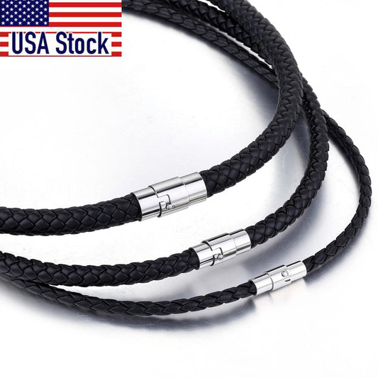 Men's Leather Choker Brown Black Braided Rope Chain Necklace For Men Boys Stainless Steel Clasp Male Jewelry Dropshipping UNM09A