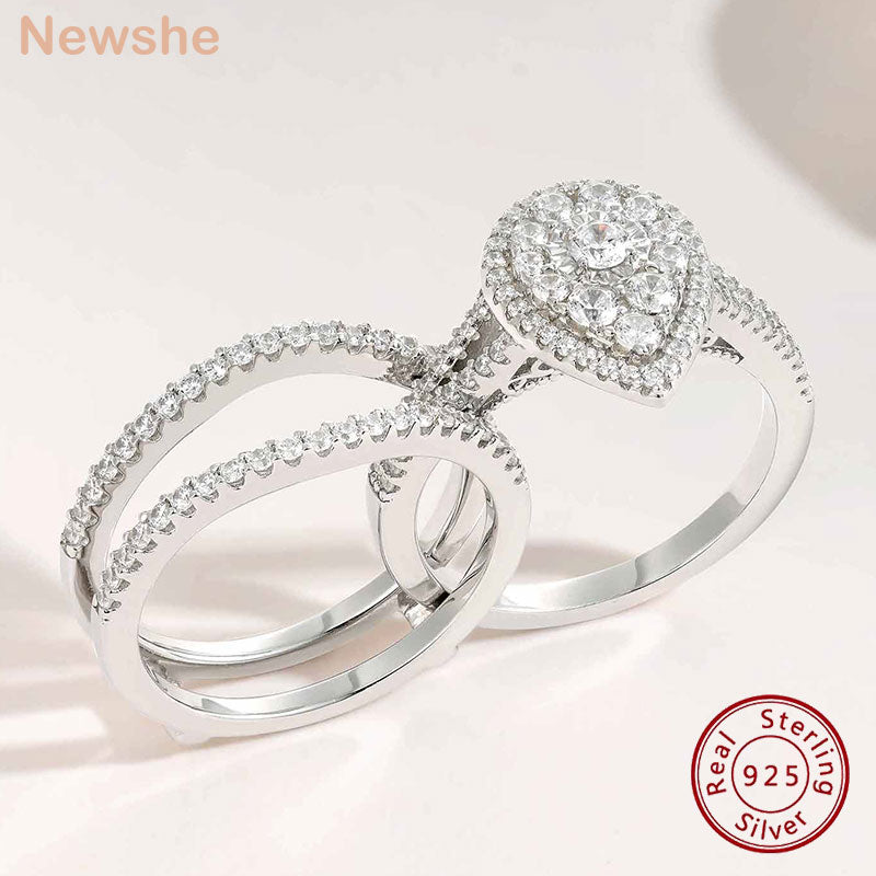 Newshe 925 Sterling Silver Halo Brilliant Cluster High Grade AAAAA CZ Wedding Engagement Rings Set for Women Bridal Ring Jewelry