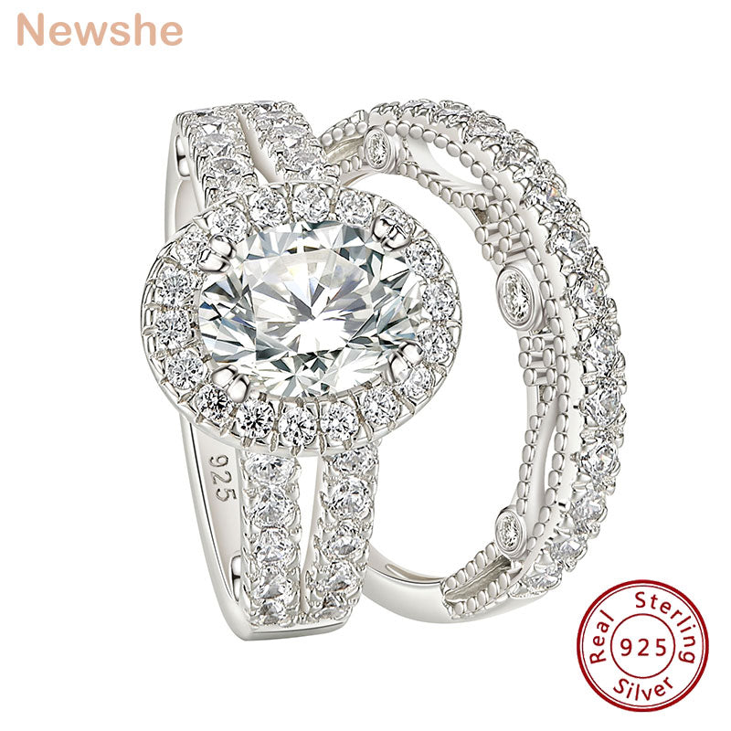 Newshe Vintage 4 Carats Oval Cut 5A Cubic Zircon Wedding Engagement Rings Set for Women Solid 925 Sterling Silver Bridal Jewelry