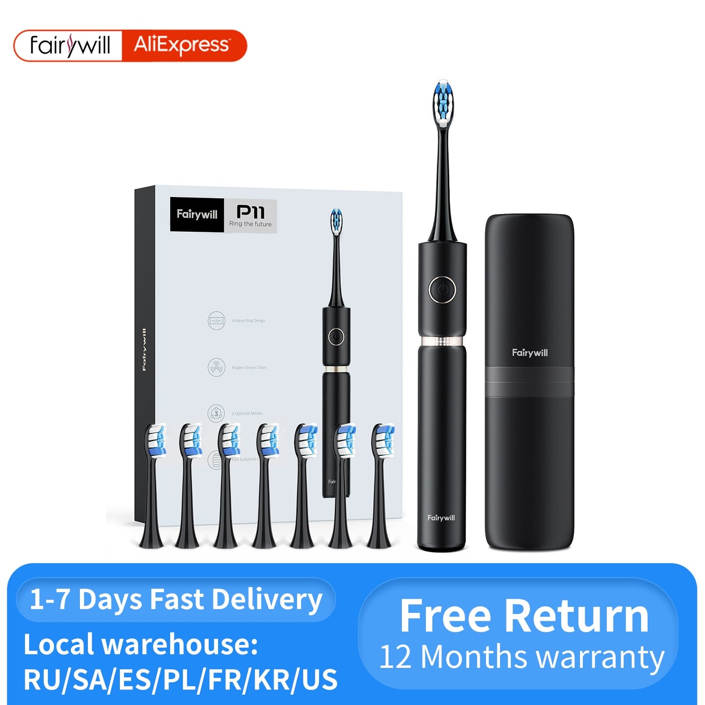 Fairywill P11 Sonic Whitening Electric Toothbrush Rechargeable USB Charger Ultra Powerful Waterproof 4 Heads and 1 Travel Case