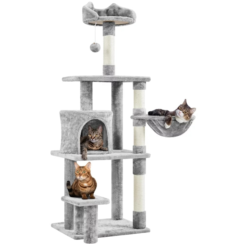 57″ Tall Multi Level Cat Tree with Basket &amp; Condo &amp; Scratching Post, Light Gray