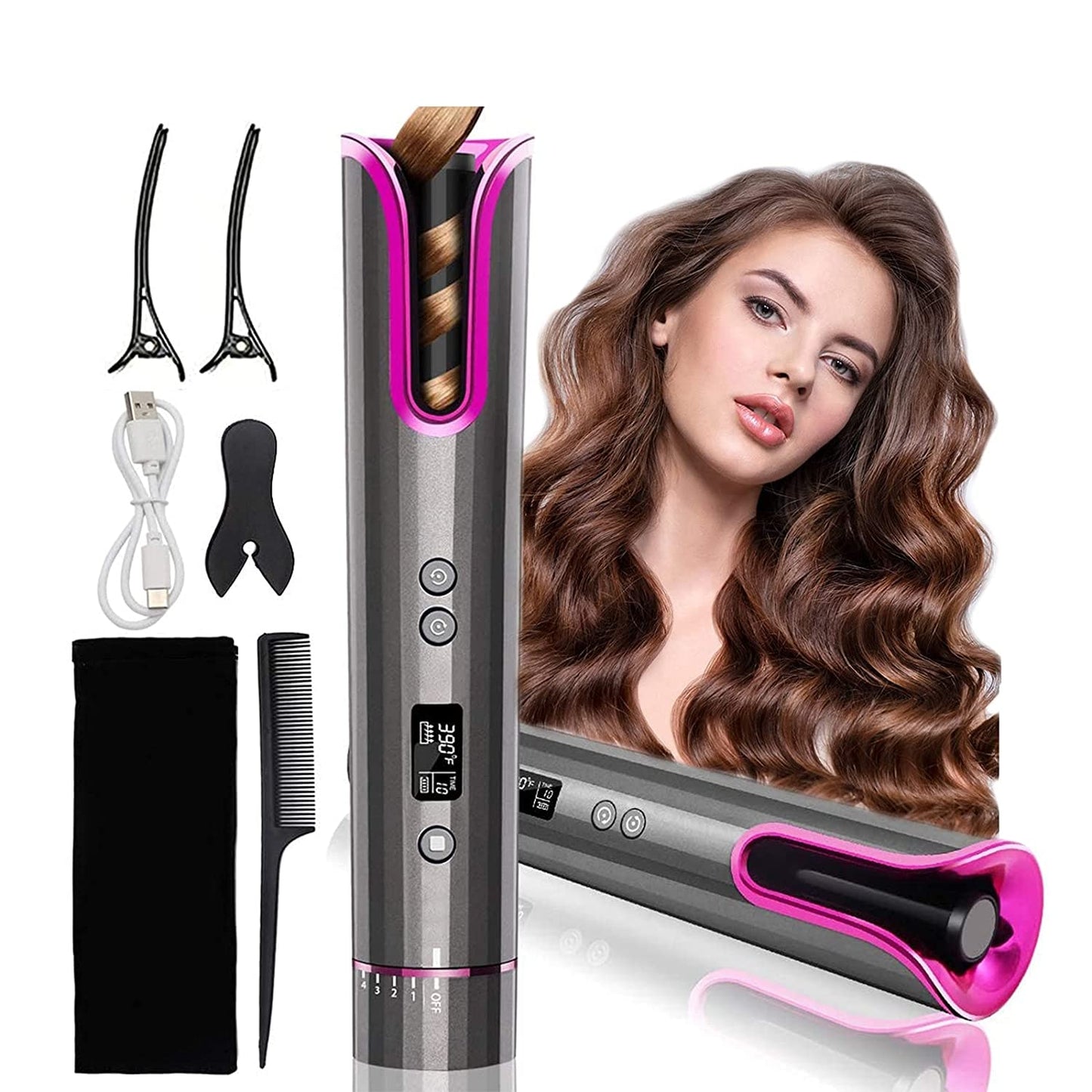 Automatic Curling Iron with 4 Adjustable Temperature, Portable Cordless Curling Iron &amp; LCD Display ,  Full Anti-Scalding