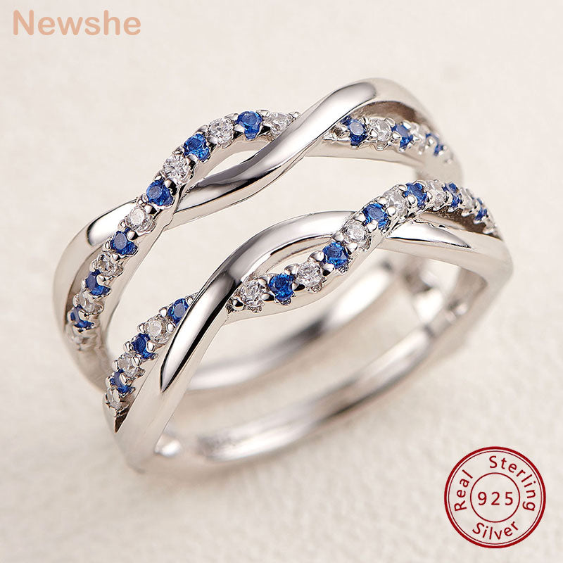 Newshe 925 Sterling Silver Twist Enhancer Wedding Rings for Her Blue and White Cubic Zircon Stacking Luxury Fine Jewelry