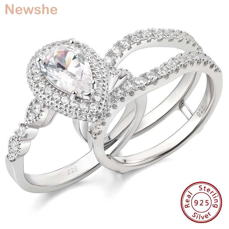 Newshe 2 Pieces 925 Sterling Silver Engagement Ring Enhancer Wedding Band for Women Pear Cut AAAAA Zircon Jewelry Size 4-13