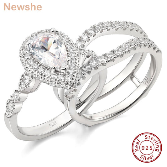 Newshe 2 Pieces 925 Sterling Silver Engagement Ring Enhancer Wedding Band for Women Pear Cut AAAAA Zircon Jewelry Size 4-13