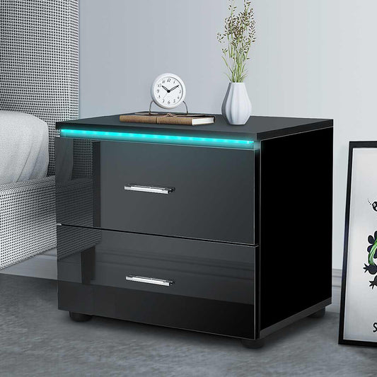 Modern Night Tables High Gloss LED Light Nightstand with 2 Drawer 20 Modes LED RGB Bedside Table Home Bedroom Bedside Cabinet