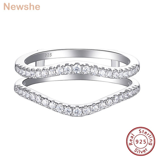 Newshe Solid 925 Sterling Silver Wedding Bands For Women Hollow Guard Ring AAAAA Cubic Zircons Minimalist Fine Jewelry