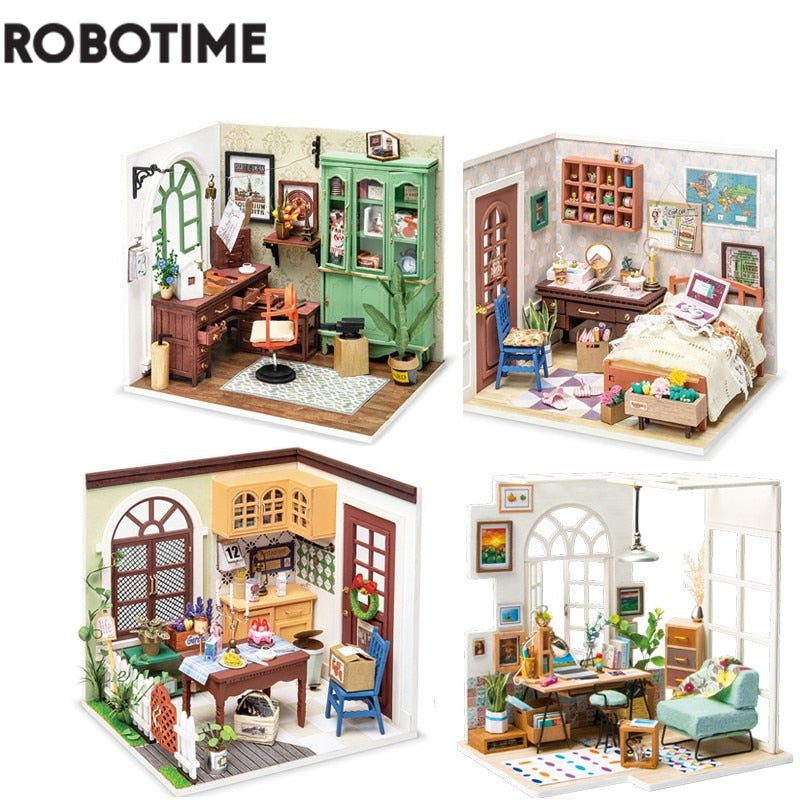 Robotime DIY Studio Bedroom Dining Room House with Furniture Children Adult Doll House Miniature Dollhouse Wooden Kits Toy DGM