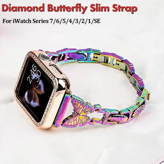 Metal Bling Band For Apple Watch 44 40 38 42mm 41 45 Women Stainless Steel Bracelet Diamond Butterfly For iWatch Series 7 6 543