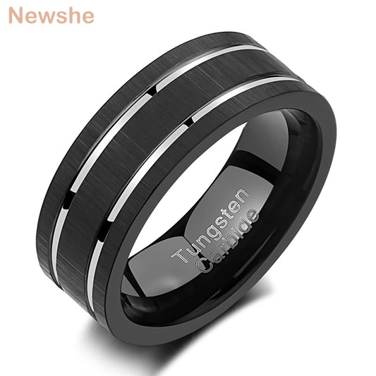 Newshe Black Wedding Bands for Men Tungsten Carbide Rings Silver Color Grooved Line Matte Brushed Size 8-13 TRX075