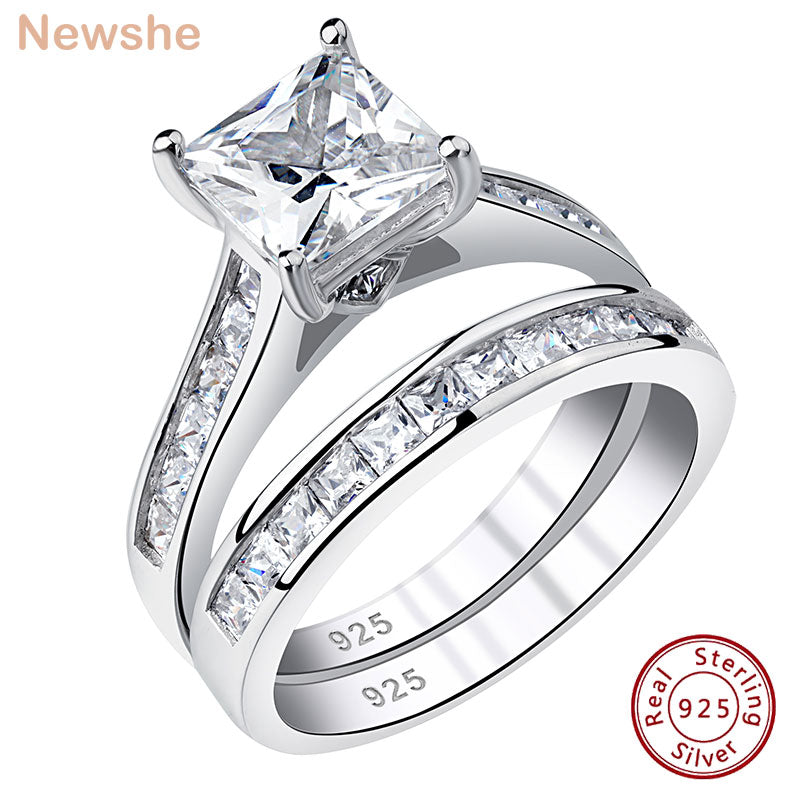 Newshe 2 Pieces Classic Wedding Rings Set for Women 7*7mm Princess Cut AAAAA Zircon 925 Sterling Silver Engagement Ring Jewelry