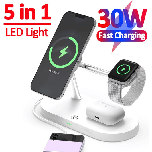 30W 3 in 1 Magnetic Wireless Charger Stand for iPhone 14 13 12 Pro Max Apple Watch 8 7 Airpods Induction Fast Charging Station