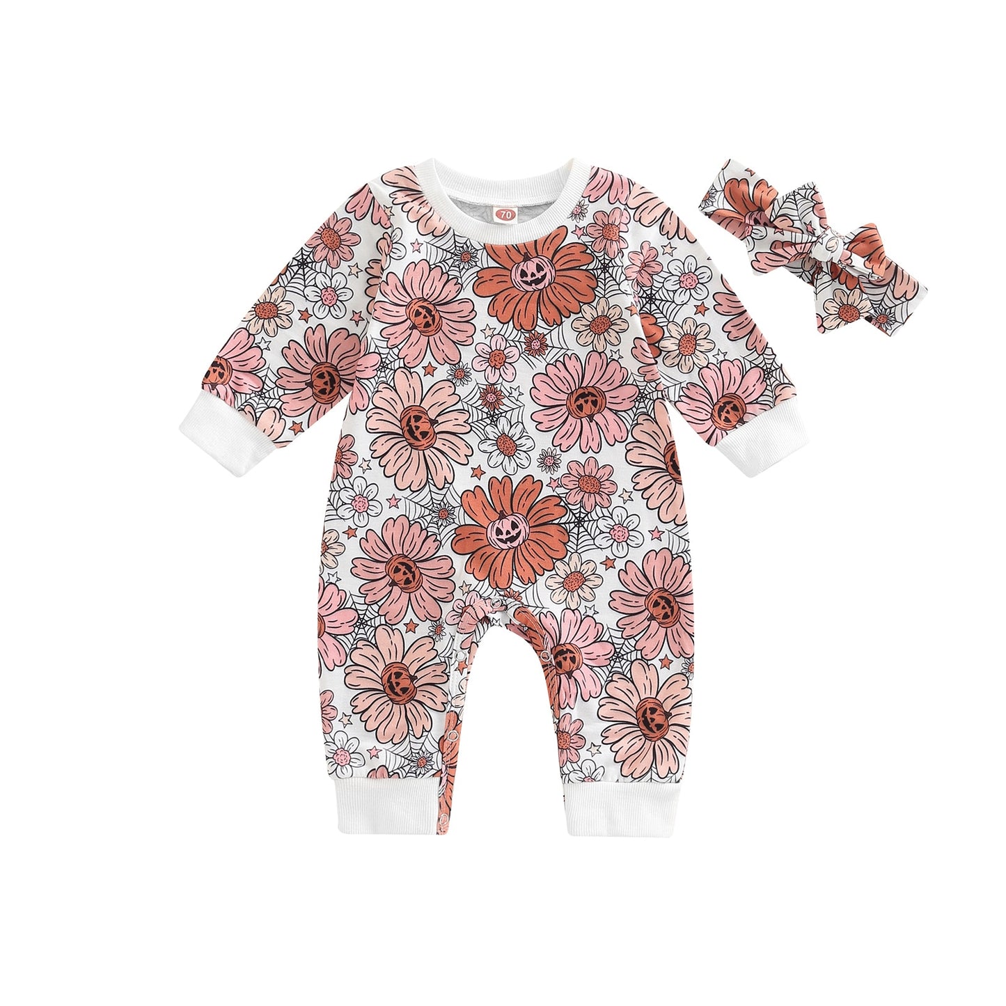 2022-07-29 Lioraitiin 0-18M Baby Girl\u2019s Long Sleeve Jumpsuit Fashion Pumpkin Flower Printed Long Romper with Headband