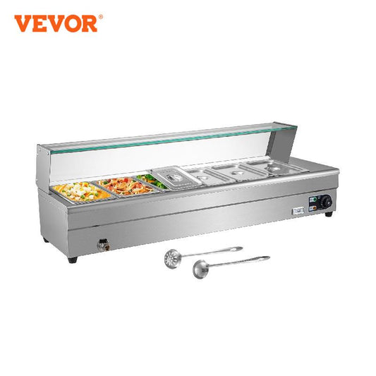 VEVOR Buffet Food Warmer Stainless Steel 3-12 Pans with Glass Shield Commercial Countertop Bain Marie Electric Steamer Cooker