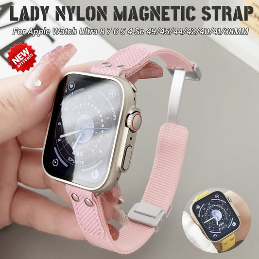 Lady Nylon Magnetic Strap For Apple Watch Band Ultra 49mm 8 7 45mm 41mm Magnetic buckle For Iwatch 6 5 4 Se 44mm 42mm 40mm 38mm