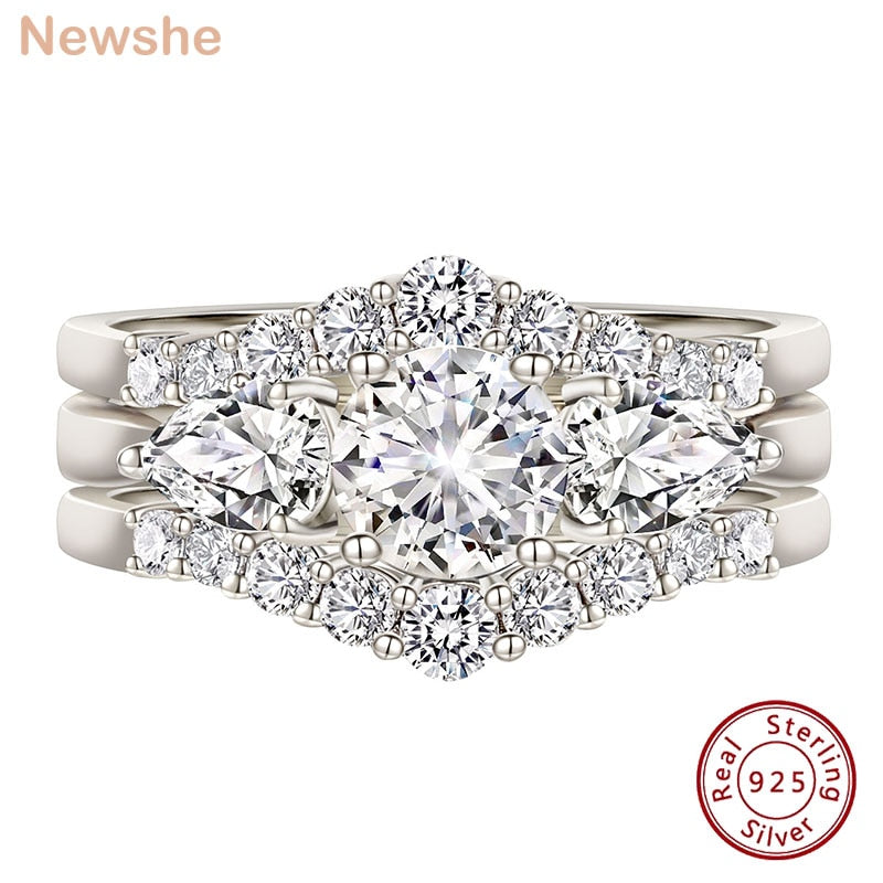 Newshe 3Pcs Wedding Engagement Ring Set for Women Simulated Diamond Round Pear Cut AAAAA CZ 925 Sterling Silver Fine Jewelry