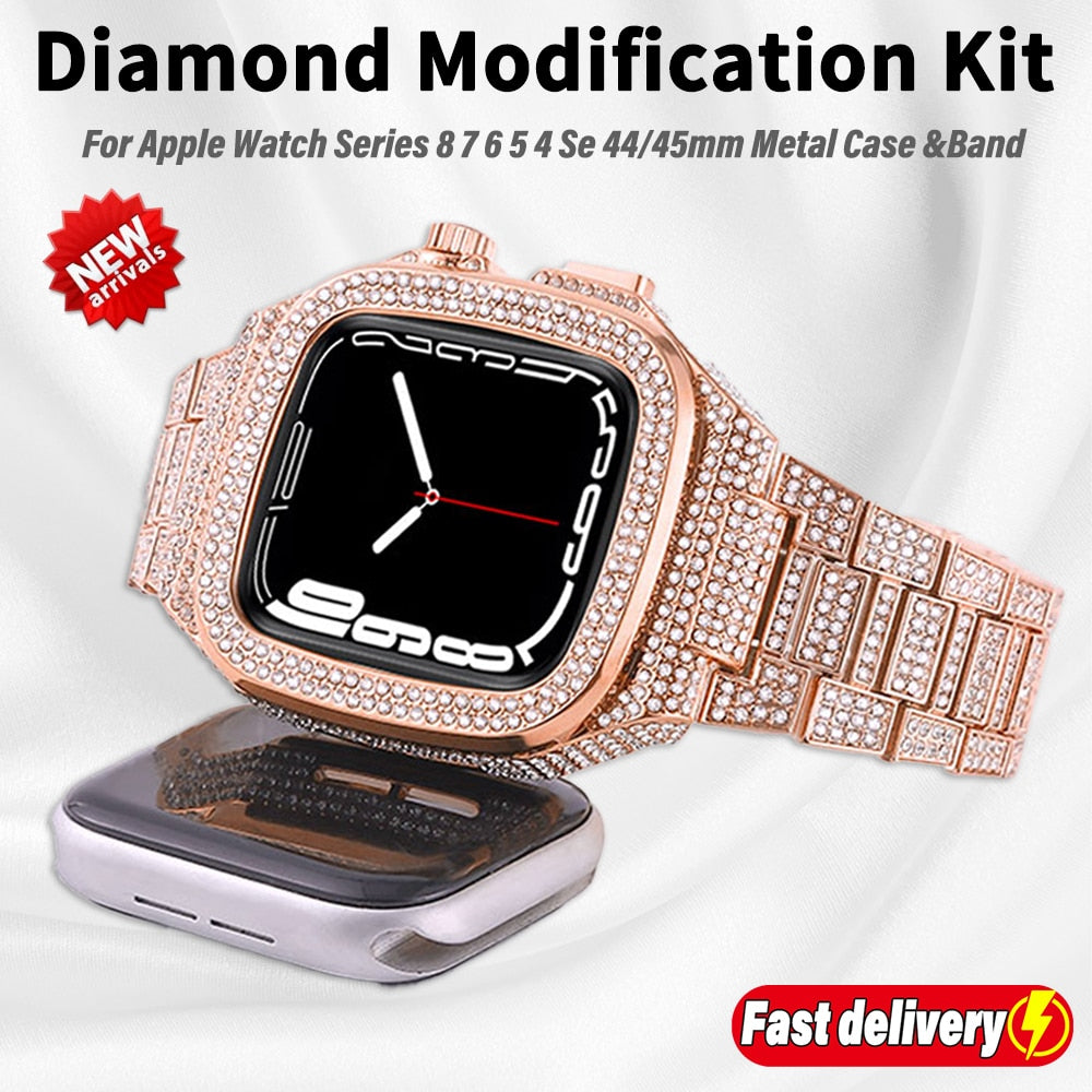 Diamond Case Modification Kit For Apple Watch 8 7 6 5 4 Se Lady Metal Strap For Iwatch Series 44mm 45mm Fashion Business Band