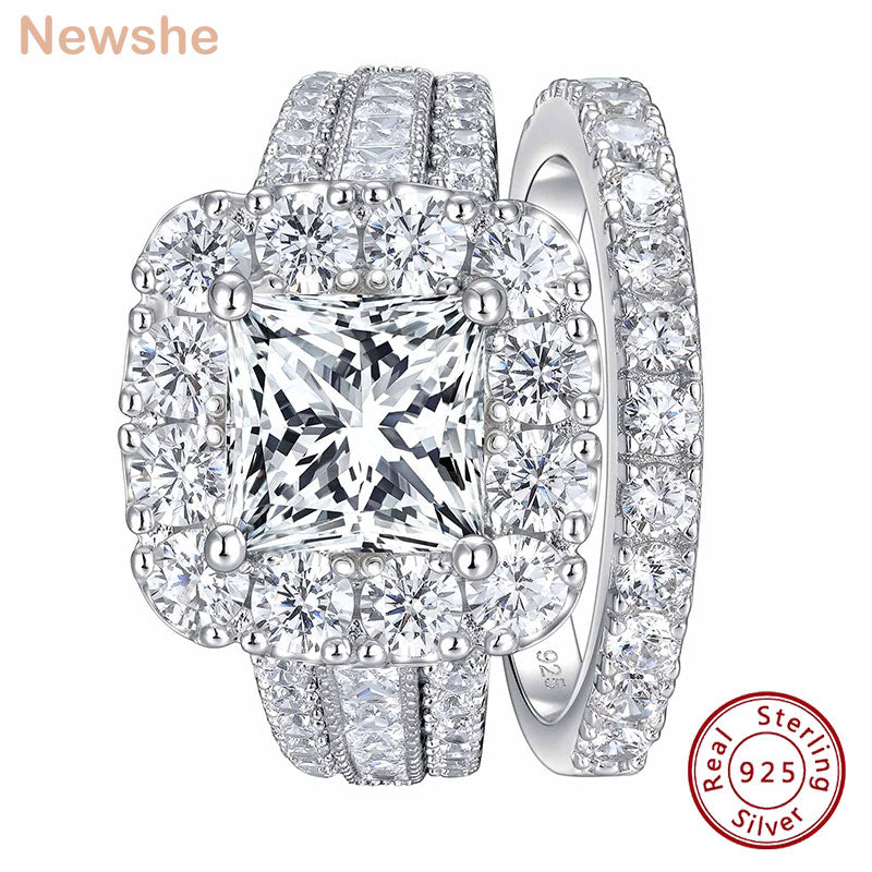 Newshe Solid 925 Silver Halo Princess Cut AAAAA Cubic Zircon Vintage Wedding Rings Set for Women Bridal Engagement Ring