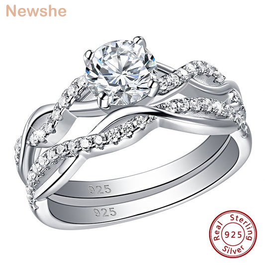 Newshe 2 Pcs 925 Sterling Silver Twist Cross Design Wedding Engagement Ring Sets For Women AAAAA Zircon Jewelry QR7628