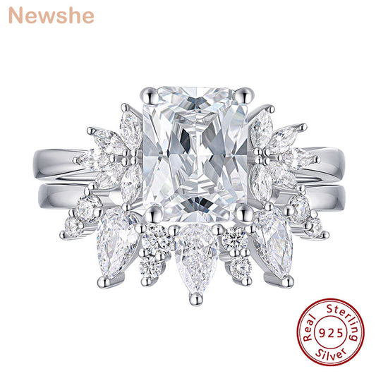 Newshe Multi Shape Engagement Ring Set for Women Solid 925 Sterling Silver AAAAA Cubia Zircon Statement  Wedding Rings