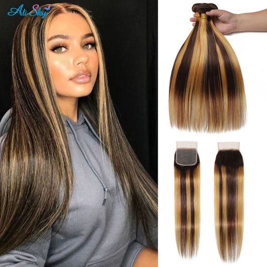 P4 27 Highlight Straight 3/4Bundles With 4x4 Lace Closure Transparent Hd 13x4 Ombre Lace Frontal Honey Blonde Remy Human Hair