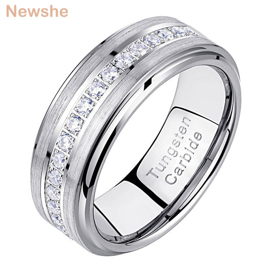 Newshe Men's Promise Wedding Band Tungsten Carbide Rings For Men Charm Half Eternity Round Zircon Jewelry Size 7-13