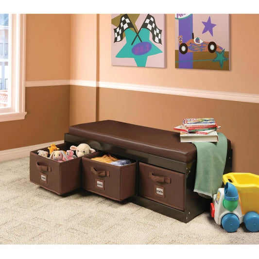 Badger Basket Kid&#39;s Toy Storage Bench with Cushion and Three Fabric Bins 2.7 cu ft Capacity - Brown storage box  organizer box