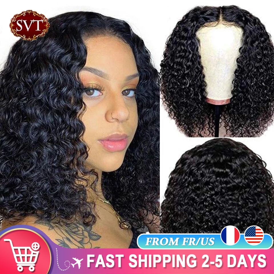 SVT Indian Deep Wave Bob Lace Frontal Wigs Remy Hair Short Bob Curly Lace Closure Human Hair Wigs Cheap Preplucked Natural Black