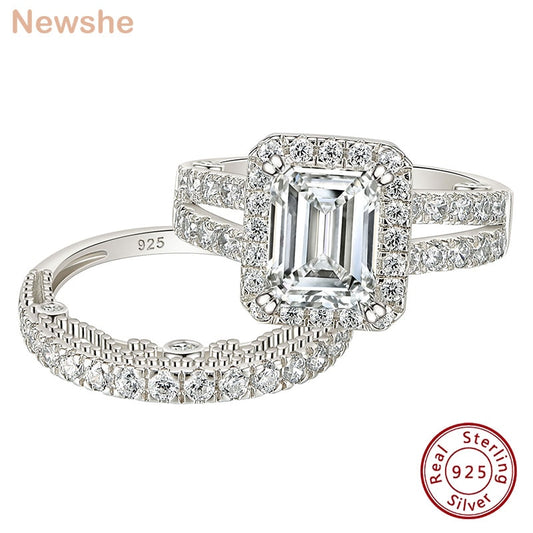 Newshe 925 Sterling Silver Marquise Emerald Cut AAAAA Cubic Zircon Wedding Engagement Ring Set for Women Bridal's Jewelry