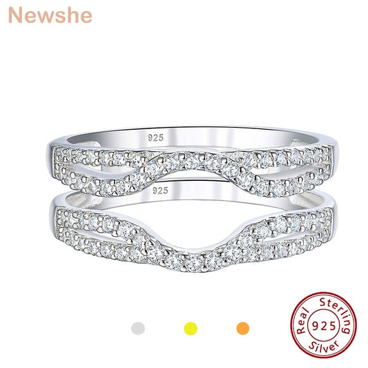 Newshe Solid 925 Sterling Silver Hollow Wedding Rings Enhancer For Women Round White AAAAA CZ Infinity Wrap Guard Band Jewelry