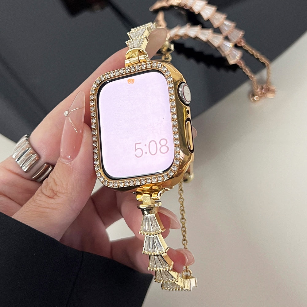 Diamond Case Band for Apple Watch Series 8 41 45mm Ultra 49mm 40 38mm Women Metal Strap for iWatch 8 6 3 4 5 Se 2 44 42mm Correa