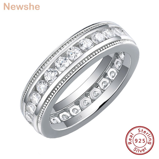 Newshe Genuine 925 Sterling Silver Wedding Rings for Men Brilliant Round Cut AAAAA Cubic Zircon Fine Jewelry Size 8-13