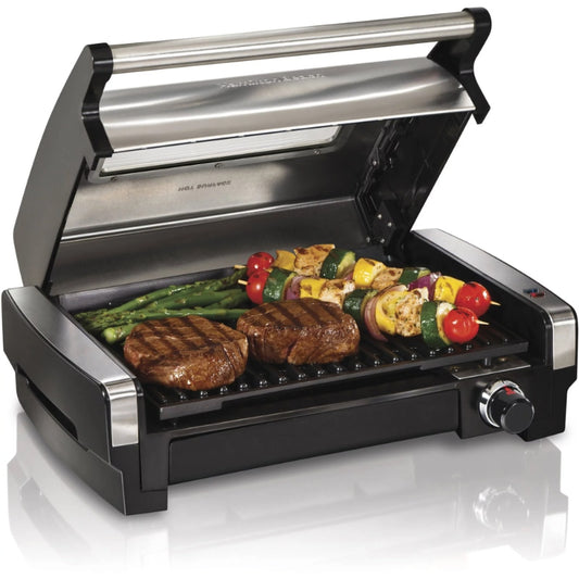 Hamilton Beach Electric Indoor Searing Grill with Removable Plates，Less Smoke, Brushed Metal, with Glass Viewing Window Model